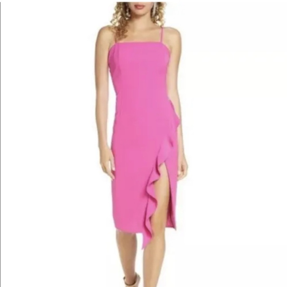 Bardot Fuchsia Midi Dress with Ruffle Detail